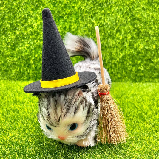 Halloween Inspired "Skeleton" Tabby Kitten With Witch Hat & Broom LIMITED EDITION